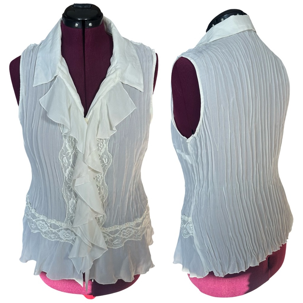 Jessica McClintock White Crinkle Pleat Ruffle Lace Sleeveless Blouse 2X Plus
